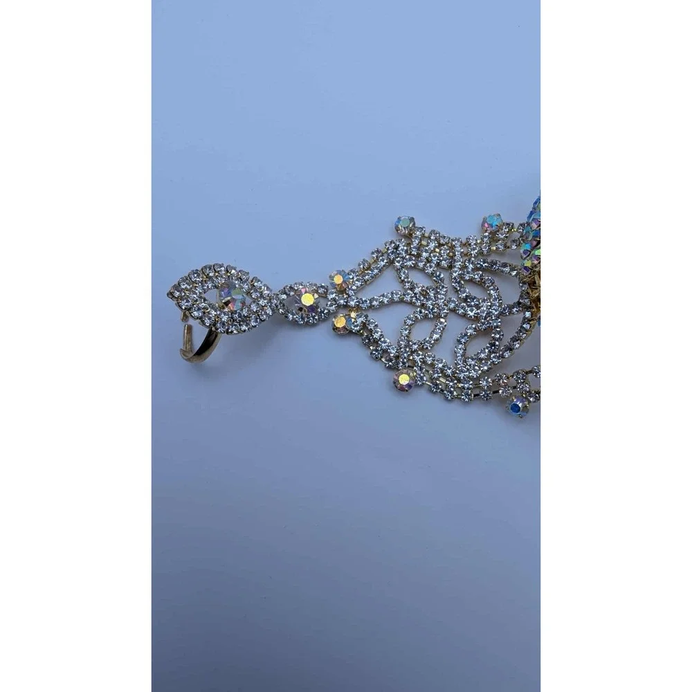 Adjustable Gold Toned‎ Ring To Cuff Bracelet With Rainbow Stone Accents